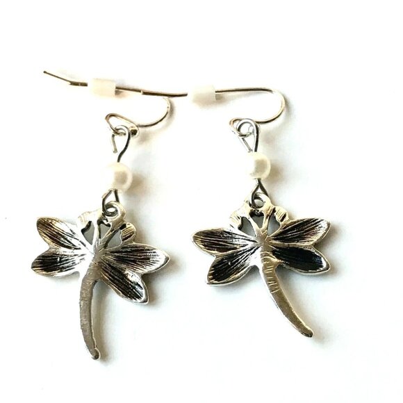 Dragonfly Earrings Silver Plated Pearl Hypo-allergenic Insect Sensitive Ears - Picture 7 of 10
